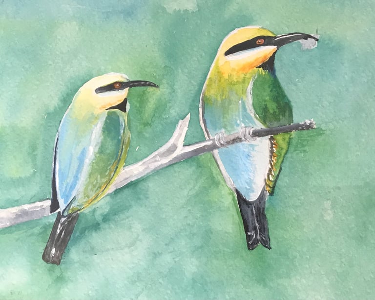 Watercolour painting of 2 birds on a branch