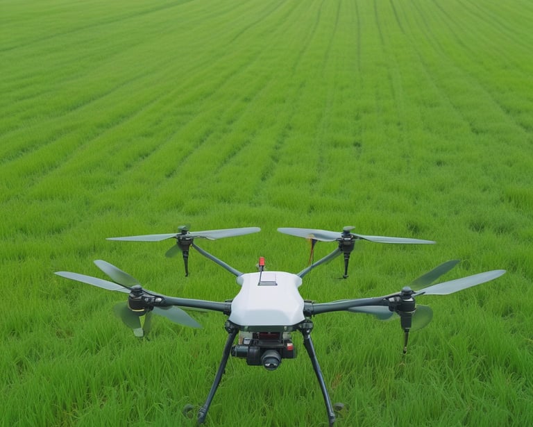 A small plane flying over a green field