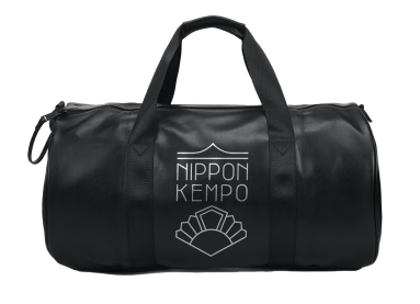 a black duffel bag with a white and black logo on it