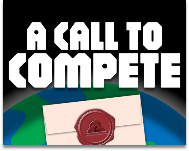 A thumbnail for the game A Call to Compete, showing the title over the Earth from space, with a cream, sealed envelope below.