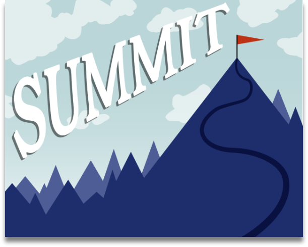 A thumbnail for the game Summit, showing blue mountains with a red flag atop the biggest.