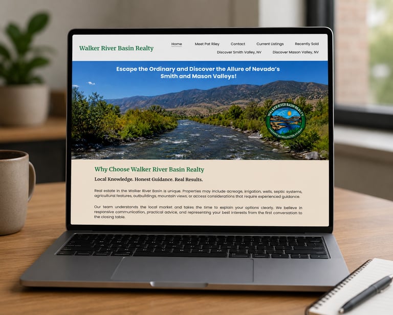 Laptop displaying the Walker River Basin Realty website featuring scenic Nevada valley real estate listings.
