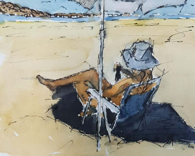 watercolor painting of a woman at a beach under an umbrella