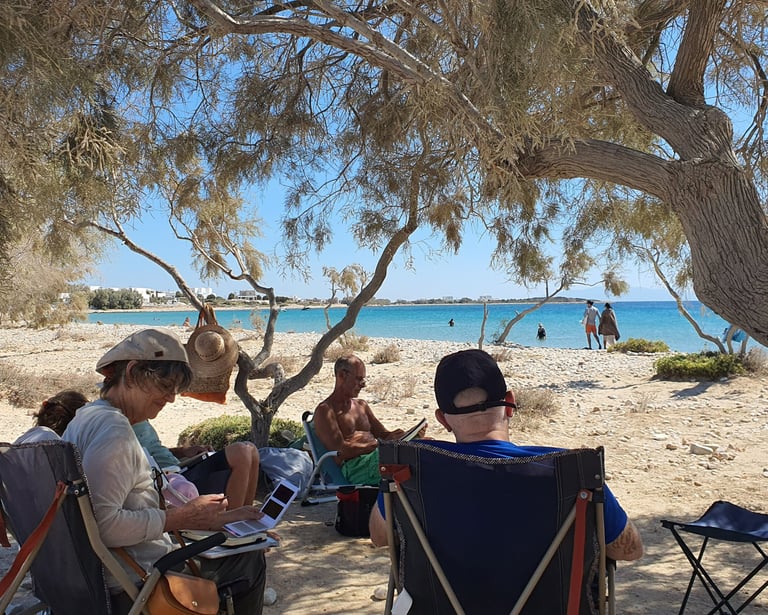 a group of people sitting under a tree by the sea, painting