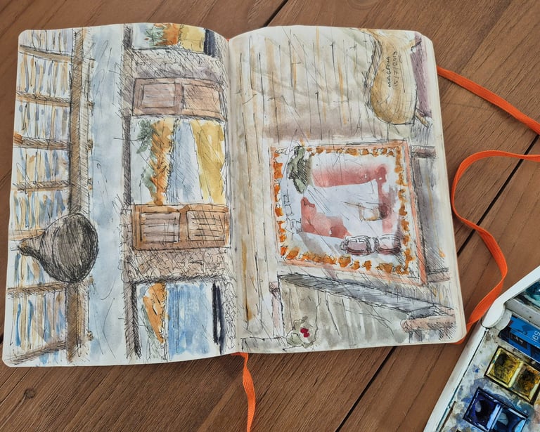 a travelling journal with watercolor skeches