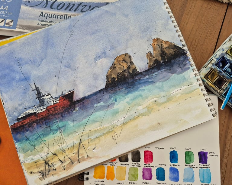 a watrecolor painting of a boat in the water