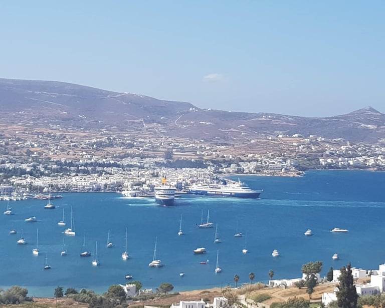 The golf of Parikia, paros with moored sailing boats