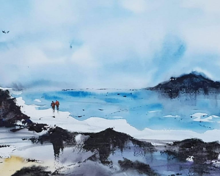 watercolor painting of a couple walkig by the beach