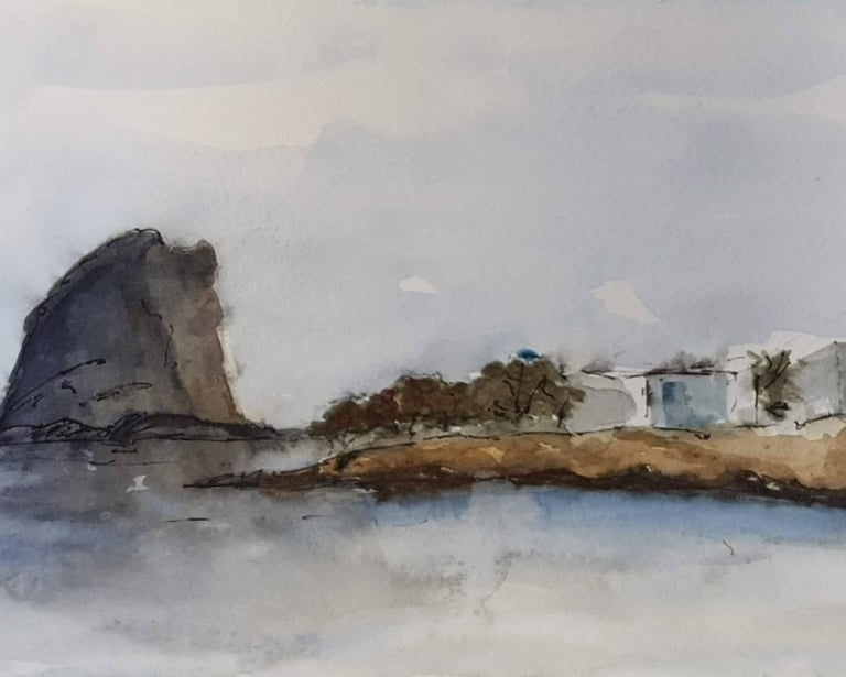 watercolor painting of a Paros lanscape