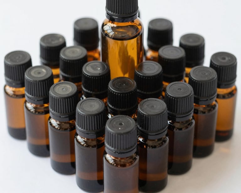 A person is sitting cross-legged on a yoga mat, holding a purple container with a white lid in their hands. A dropper bottle and a smartphone are placed next to them on the mat.