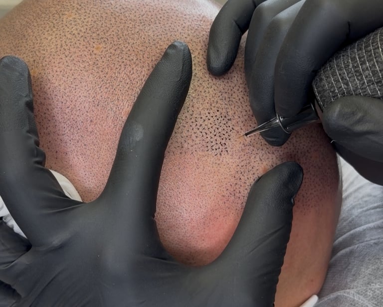 Proceso de micropigmentación capilar en Madrid creando efecto rapado hiperrealista