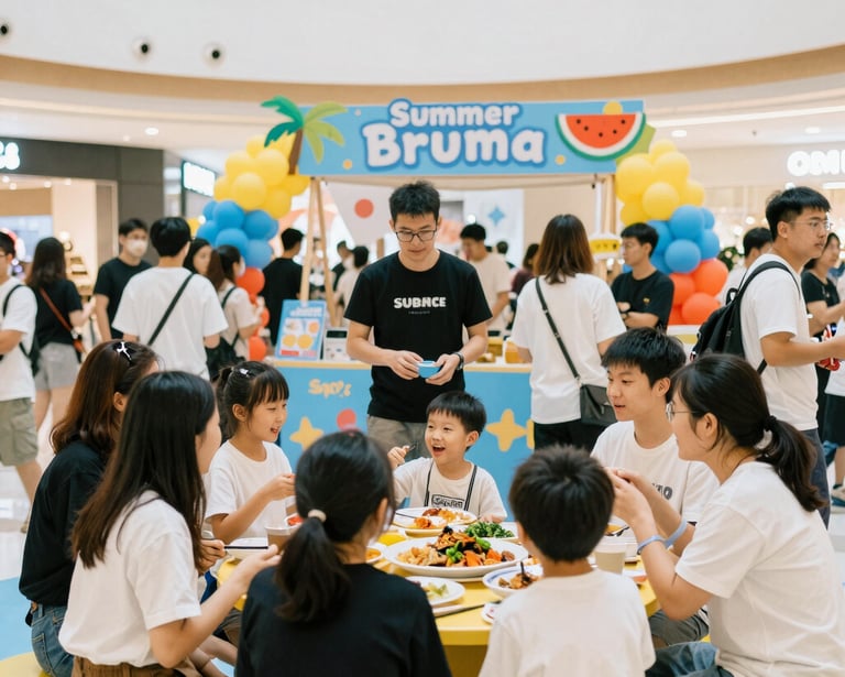 A vibrant crowd enjoying live music at the mall's central plaza during the summer festival.