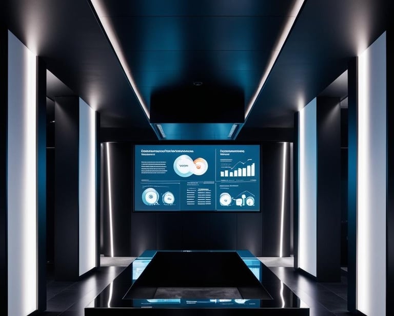 Digital analytics dashboard in modern office corridor representing board effectiveness metrics