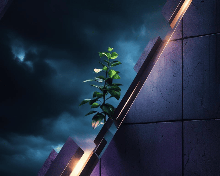 Green plant growing through cracked concrete against stormy sky, symbolizing corporate resilience