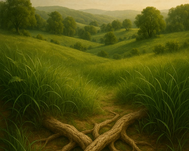 a painting of a tree with roots in the middle of it