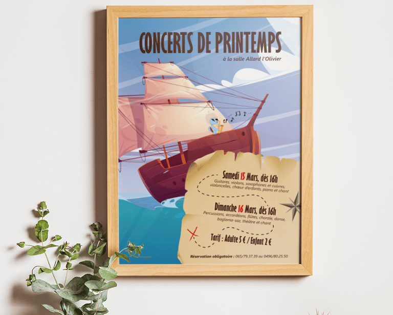 Un cadre en bois accroché sur un mur blanc, il contient une affiche de concert avec un bateau pirate
