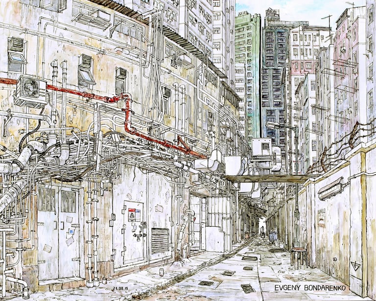 Hong Kong Kowloon illustration by artist Evgeny Bondarenko