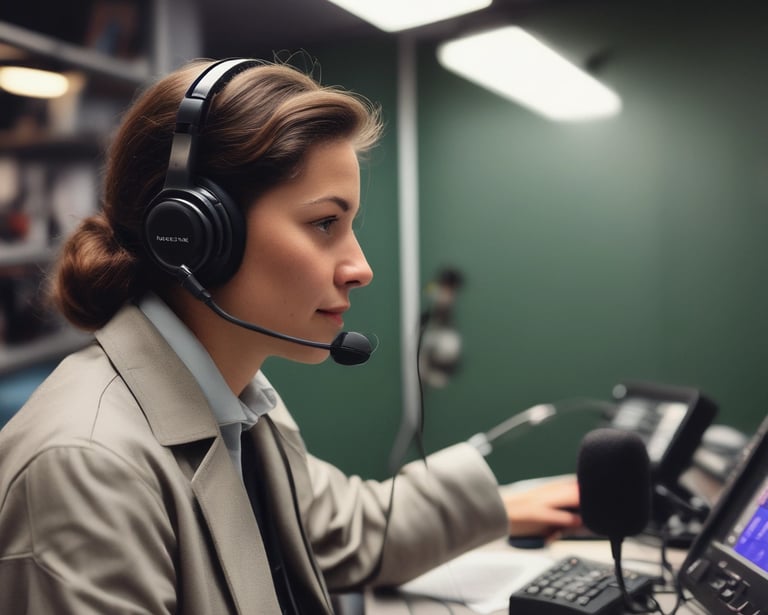 A smiling interpreter speaking confidently into a microphone.
