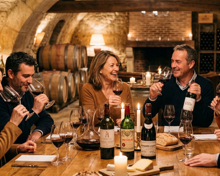 Friends enjoy a luxury red wine tasting experience in a rustic stone cellar with oak barrels.