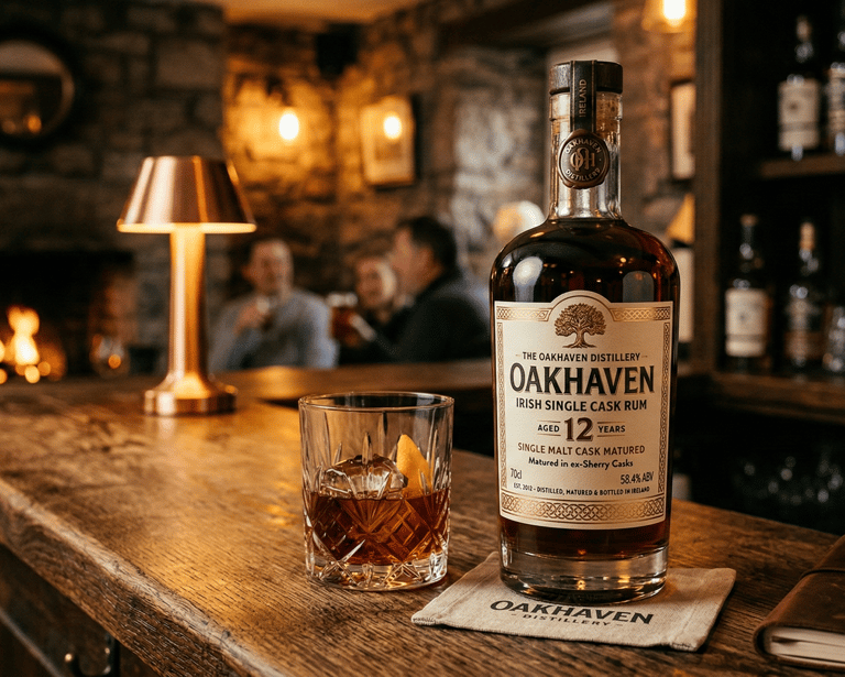 A bottle of Oakhaven 12 Year Irish Single Cask Rum and a crystal glass on a rustic wooden bar.