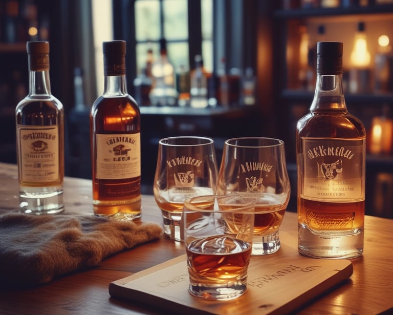 A collection of premium bourbon whiskey bottles and tasting glasses on a rustic wooden bar.