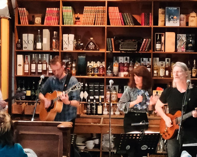 Live band performing acoustic music in a cozy bar with shelves of liquor bottles and books.