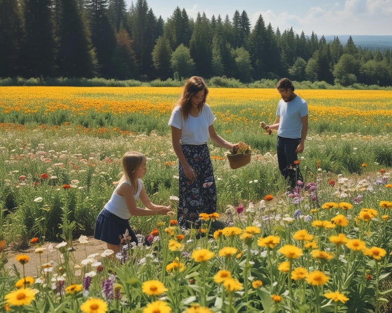 Colorful banners and booths at a lively local event with people enjoying food and crafts.