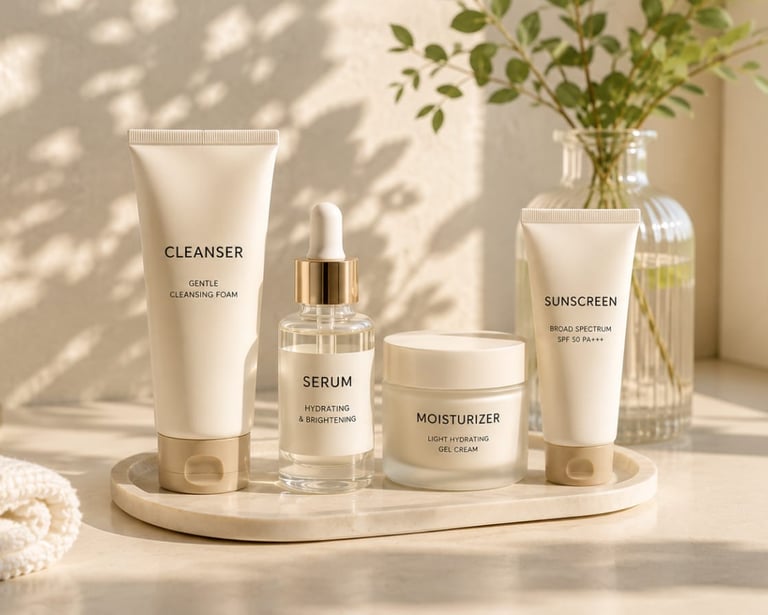 Morning skincare routine with cleanser, serum, moisturizer, and sunscreen for beginners
