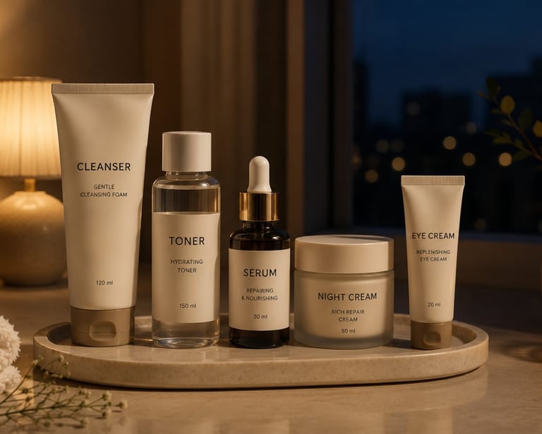 Night skincare routine with cleanser, treatment, and moisturizer for beginners