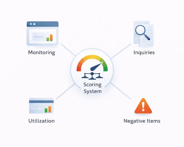 diagram showing credit monitoring as a window into the broader credit scoring system including utili