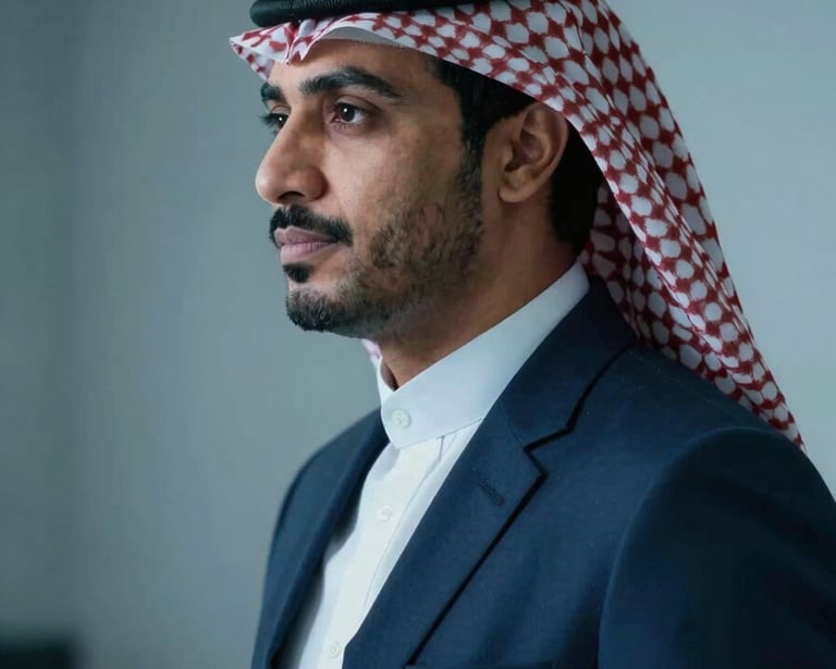 A sophisticated profile of a Saudi man in a professional setting, looking thoughtful. Moody, cinematic lighting with a clean background. Use blue tones like #0A1C3B in the shadows. High prestige feel, no text on image.