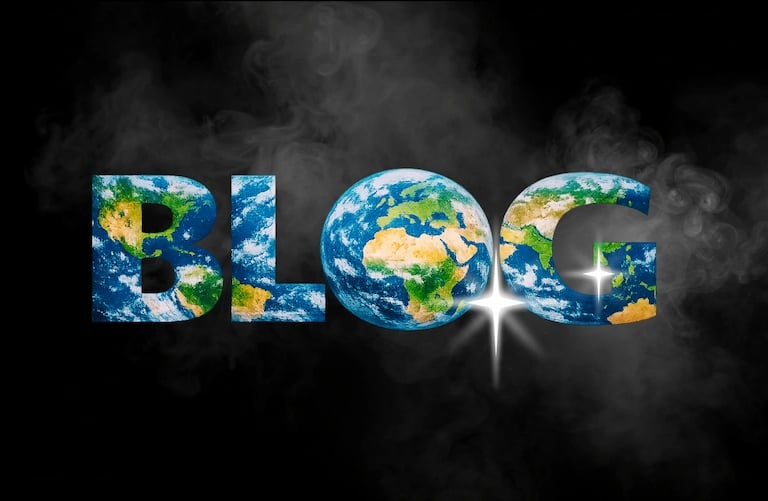 BLOG in bold Earth‑filled letters, glowing through mist — inviting global reflection and connection