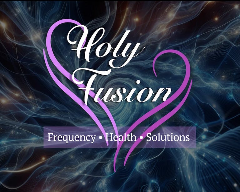 Holy Fusion logo set against swirling luminous energy, symbolising frequency‑based healing