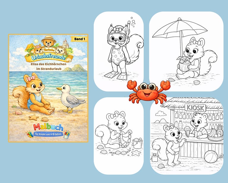 Malbuch Strandurlaub für Kinder – Elisa das Eichhörnchen