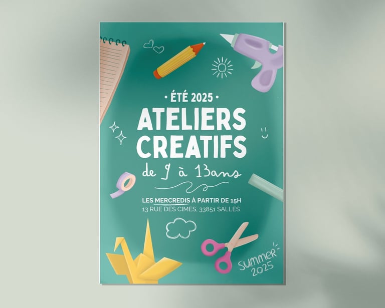 Flyer ateliers créatifs, mise en page et illustration