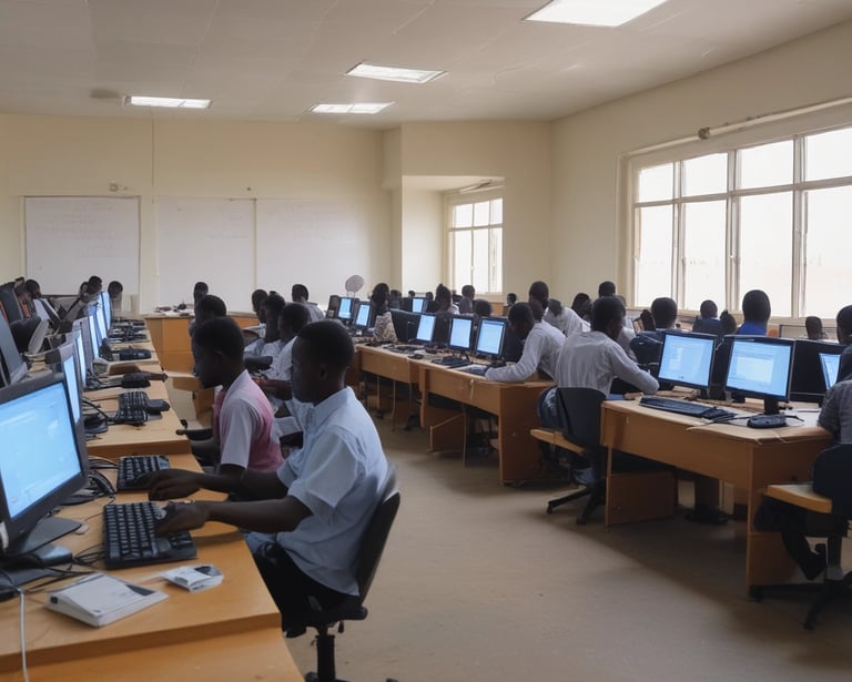 An instructor guiding students in a computer lab at the N'Djamena Institute of Technology.