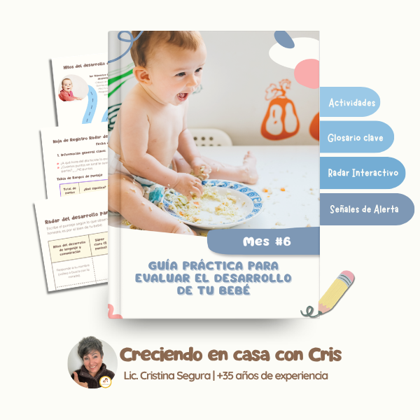 Baby development guide cover featuring a messy infant eating, titled Guía práctica para evaluar el desarrollo de tu bebé.