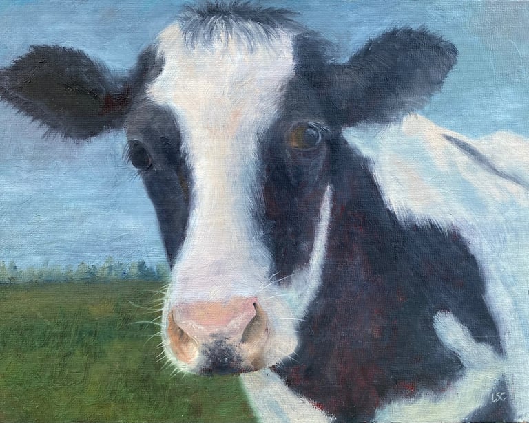 An original oil painting of a dairy cow close up