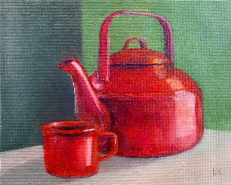 An original oil painting of a red enamel teapot & kettle