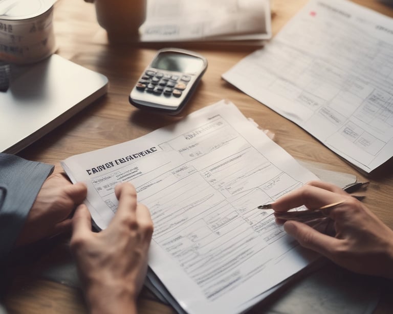 Close-up of hands reviewing official documents with a prison facility in the background.