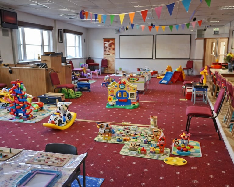 Play area inside New Life Church baby & toddler group in Saffron Walden with toys, soft play, slides and seating for parents.