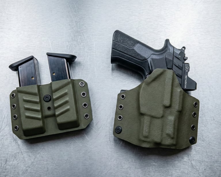 Olive drab green Kydex OWB holster with a handgun and matching double magazine pouch on a metal surface.