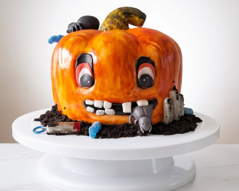 Torta temática de Halloween elaborada por Cocina con Ely, diseñada en forma de calabaza y decorada c