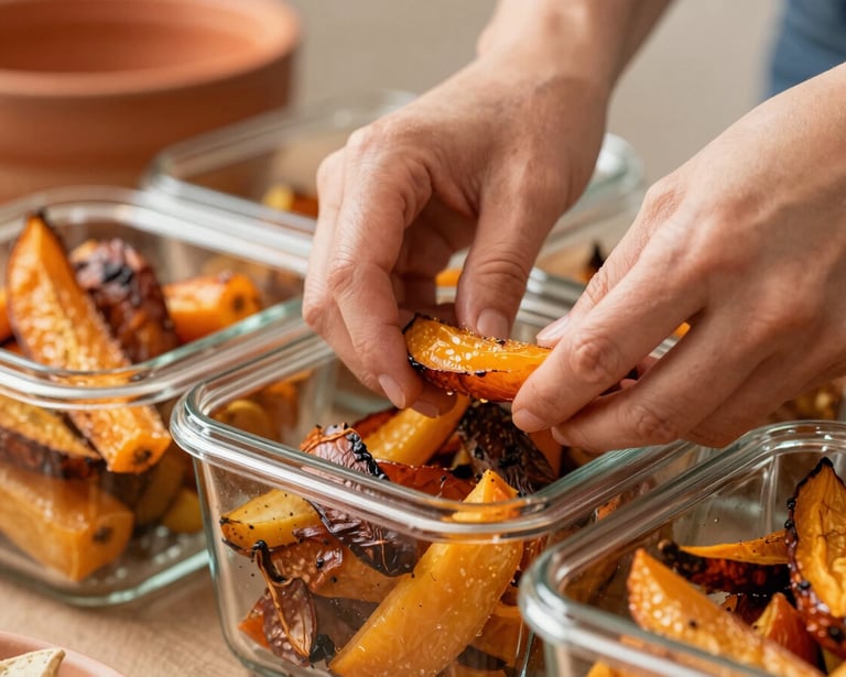 A personal chef preparing containers of roasted sweet potatoes for a healthy, personalized meal. 