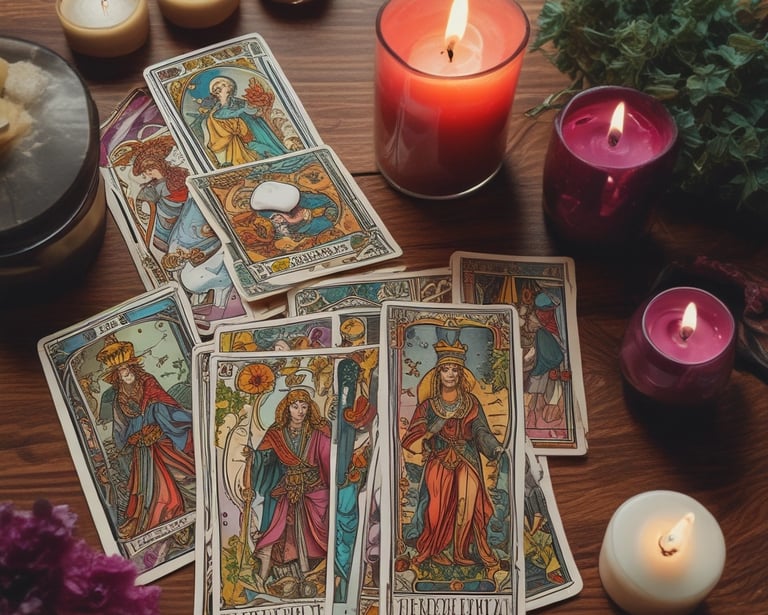 An open oracle deck spread gently on a wooden table with soft candlelight.