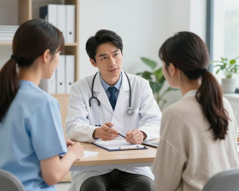 Professional doctor in white coat consulting with patients in a bright medical clinic office.
