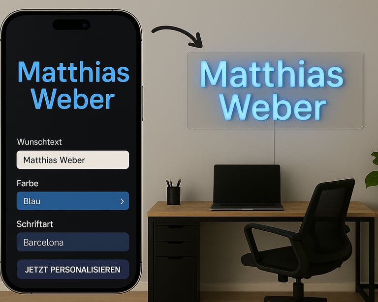 Personalisiertes LED-Neonschild mit Namen in blauer Schrift über einem modernen Arbeitsplatz