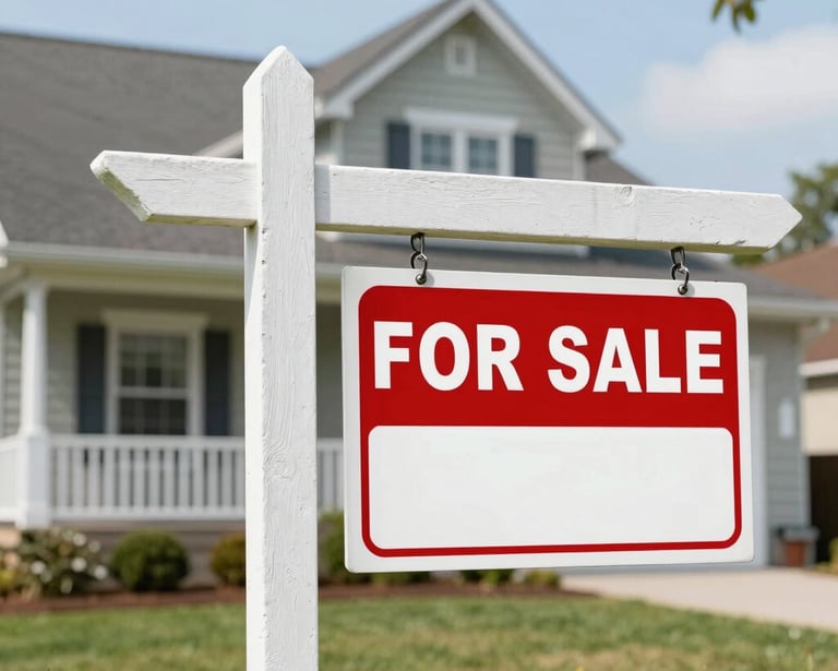 Red for sale sign on a white post in front of a suburban family home.