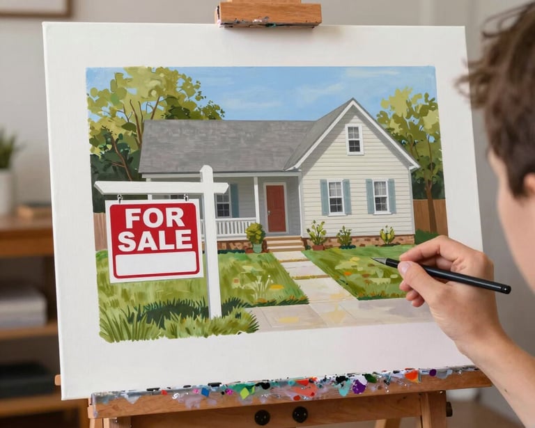 Artist painting a custom house portrait on canvas featuring a for sale sign for real estate marketing.
