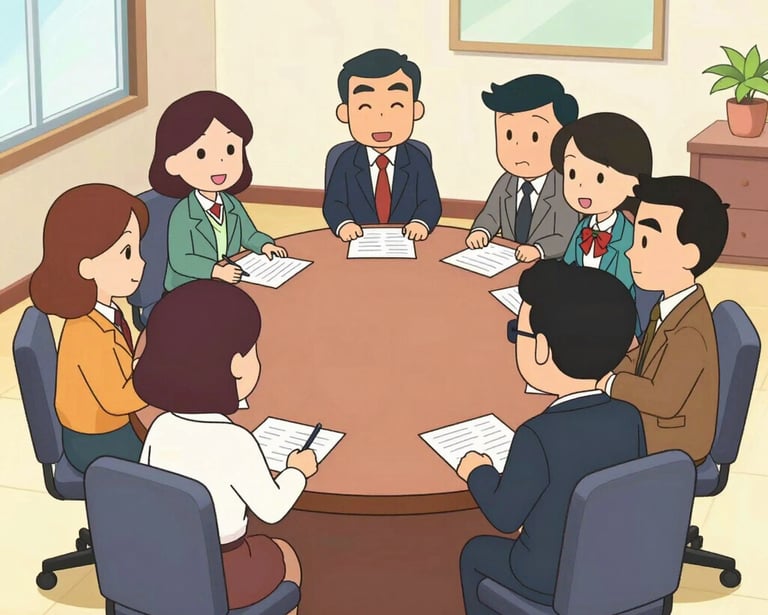 Cartoon business team having a productive office meeting at a round conference table.
